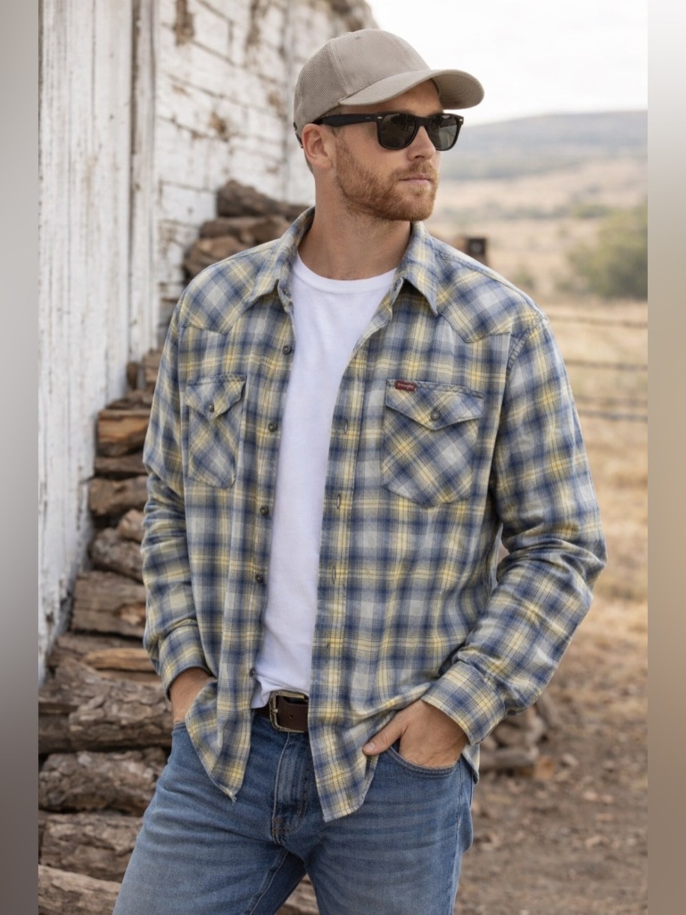 Wrangler Plaid Shirt XL Yellow Blue Lightweight Western Button Up